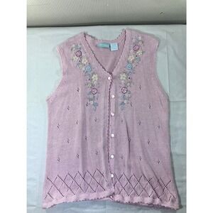 220 HICKORY Pink Embroidered Button Up Knit Vest Cardigan Top Womens Small